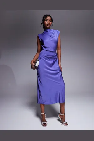 ASOS Satin high neck pleated bodice midi dress in cornflower