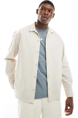 JACK & JONES Revere collar linen mix overshirt in beige