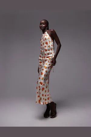 Topshop Orange rose halter neck maxi dress in