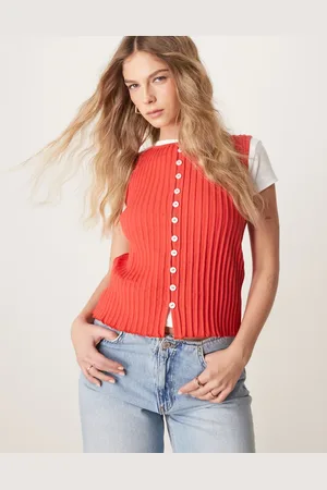 Free People Tilly ribbed button through vest in tomato