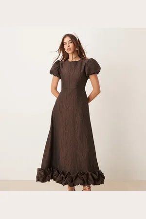 Sister Jane Exclusive puff sleeve bubble hem midaxi dress in chocolate
