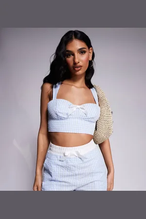 Kaiia Exclusive bow detail cropped corset top co-ord in gingham seersucker