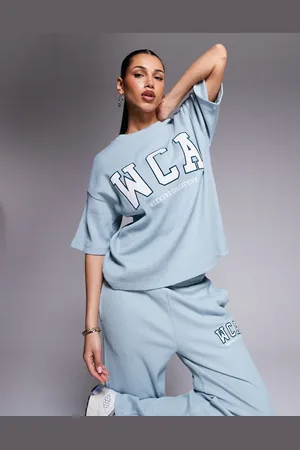 ASOS Weekend collective co-ord waffle top with varsity logo in washed sage
