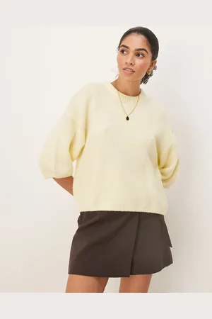 Gina Tricot Short sleeve knitted crew neck puff sleeves top in butter