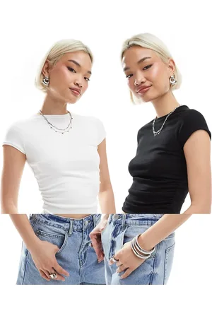 Bershka Ruched side baby tee two pack in and white