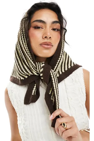 ASOS Crochet knit head scarf in buttermilk and brown stripe