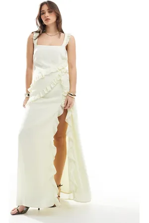The Frolic Exclusive ruffle drape detail square neck thigh split maxi dress in buttermilk
