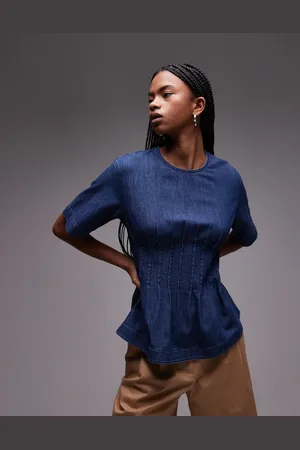 ARKET Lightweight denim blouse with pleated bodice in mid wash
