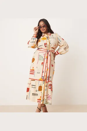 Never Fully Dressed Belted shirt midaxi dress in cream print
