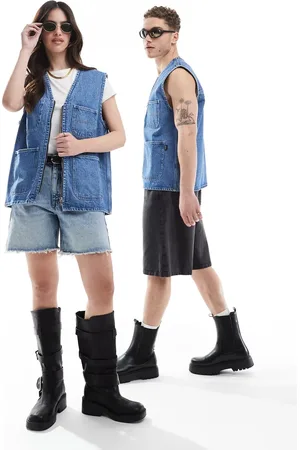 Dr Denim Unisex Denver Worker Vest zip up workwear vest jacket in stream sku retro contrast wash