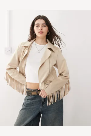 Noisy May Fringe biker jacket in beige