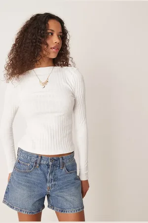 ASOS Boat neck button detail long sleeve slub rib tee in cream