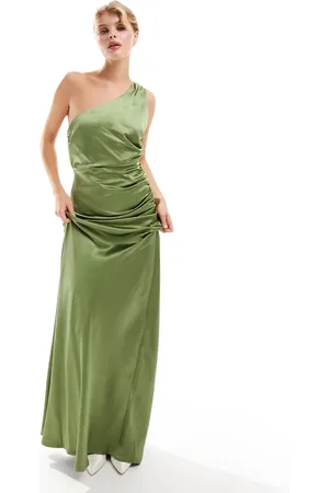 Six Stories Bridesmaids one shoulder satin maxi dress in moss