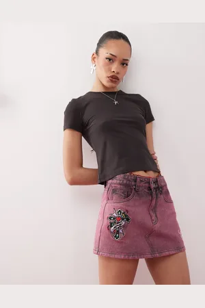 ED HARDY Seam detail mini denim skirt in washed