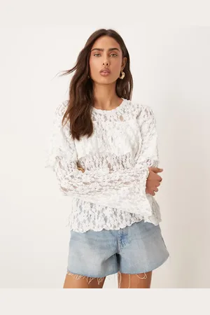 Gina Tricot Jersey scalloped lace long sleeve caped top in vintage