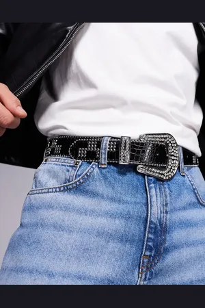 ASOS Checkerboard studded belt in mock croc with western diamante buckle