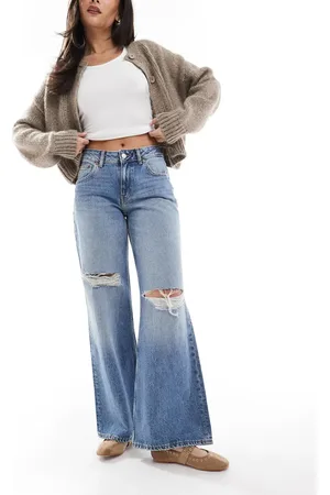 Dr Denim Rhue low waist wide leg flare jeans with rips in stream sky fade wash