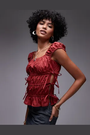 Topshop Ruched tiered tie side top in rust