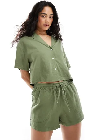 Pull&Bear Drawstring waist linen short co-ord in khaki