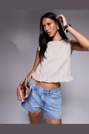 ASOS Sleeveless waffle button through top in mini frill hem in cream