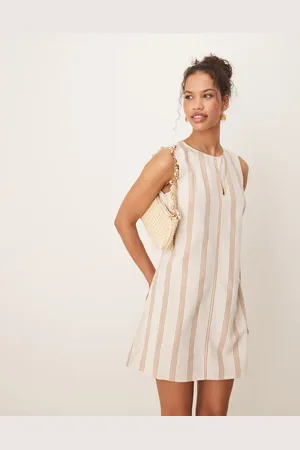 VILA Linen touch sleeveless mini dress in cream & tan stripe