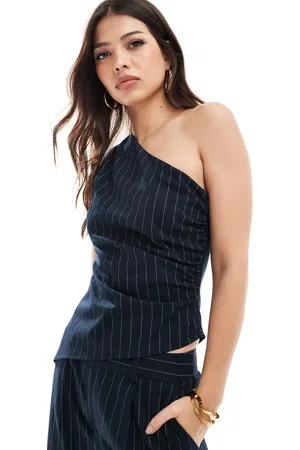 Pretty Lavish One shoulder ruched top co-ord in navy pinstripe