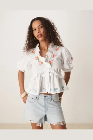 Glamorous Boho frill blouse with floral embroidery in