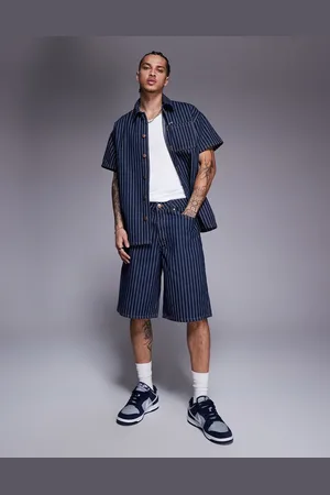 Liquor N Poker Oversized pinstripe denim jorts in dark denim