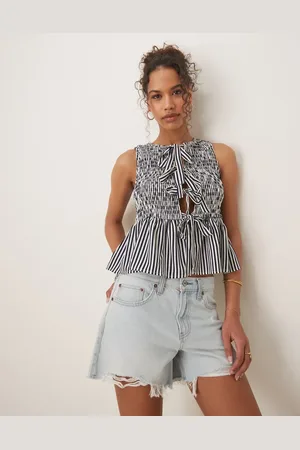 Glamorous Shirred top with peplum and front bows in navy white stripe