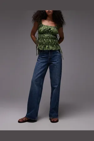 Topshop Ember low rise wide leg jean in mid blue
