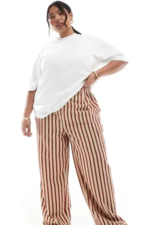 ASOS Curve straight leg seersucker trousers in rust stripe
