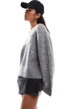 & OTHER STORIES Mohair and merino blend hairy yarn jumper in tonal with deco jewelled insects embellishment