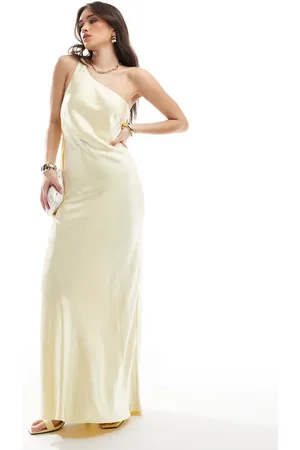 4th & Reckless Satin one shoulder drape detail maxi dress in buttermilk