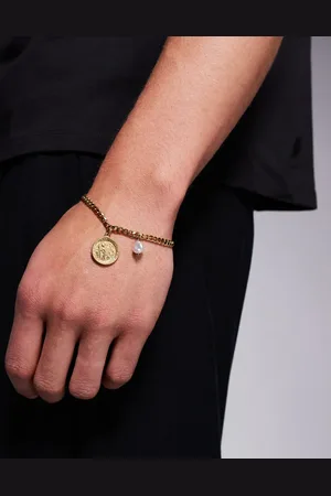 ASOS Waterproof stainless steel bracelet with St Christopher coin and faux pearl pendant in tone
