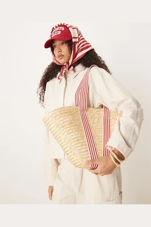 My Accessories Medium straw tote bag with contrast stripe straps in beige