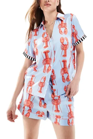 Chelsea Peers Satin short sleeve revere and short set in Lobster print