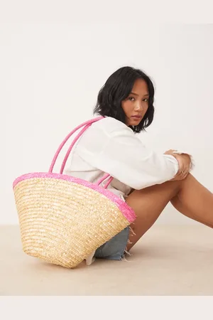 My Accessories Medium straw tote bag with contrast pink strap in beige