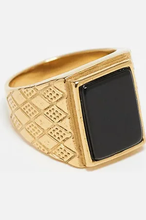 ASOS Waterproof stainless steel signet ring with black agate stone in tone