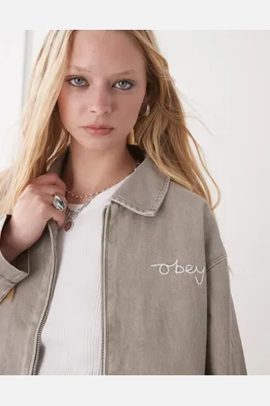 Obey Serene zip through denim jacket in beige