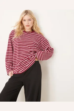ASOS Oversized long sleeve skater t-shirt in burgandy stripe
