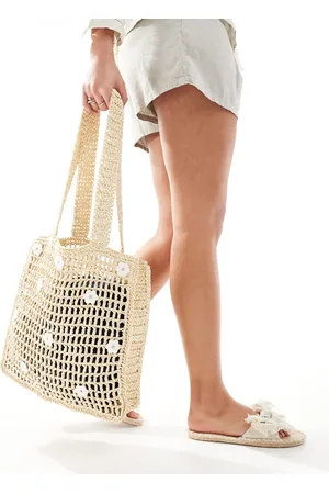 Hollister Crochet beach bag with daisy embroidery detail in tan