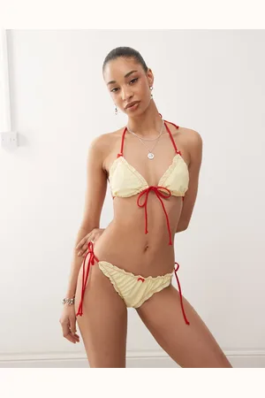 Reclaimed Tie front triangle bikini top with frills in and red