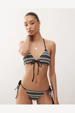 Reclaimed Tie front triangle bikini top in black and white crochet