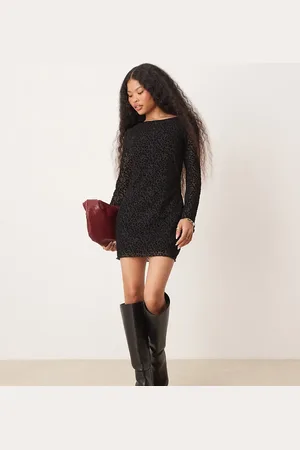 New Look Flocked leopard mesh long sleeve mini dress in