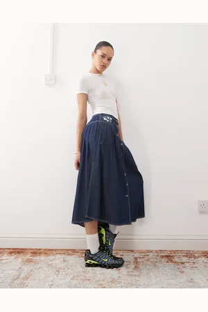 Reclaimed Embroidered denim button through skirt