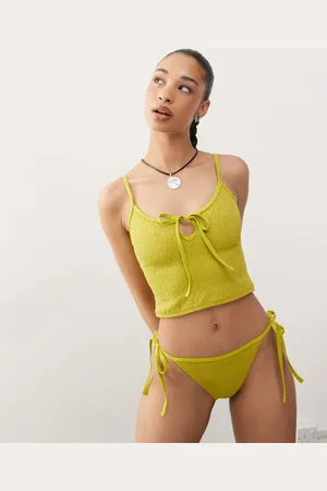 Reclaimed Tie side bikini bottom in green paisley texture