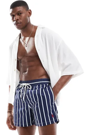 Ralph Lauren Traveler icon logo wide stripe slim fit mid swim shorts in