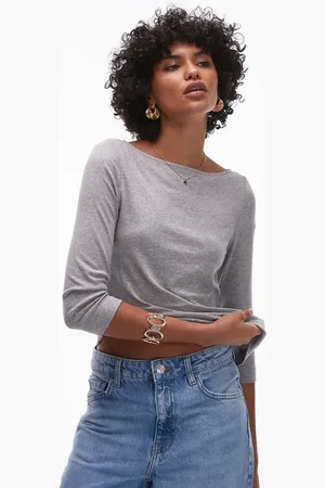 ARKET Fluid ribbed jersey boat neck top with 3/4 sleeves in melange