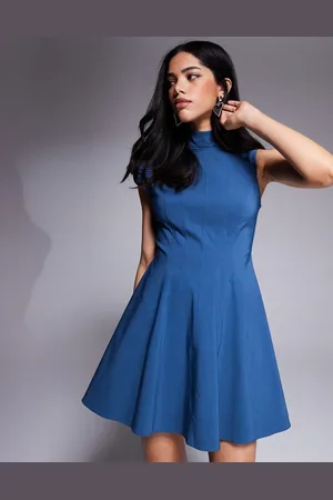 ASOS Bengaline high neck asymmetric sleeve seamed mini skater dress in denim