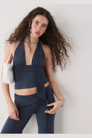 Motel Prilla slinky wrap detail halter top in ocean storm blue